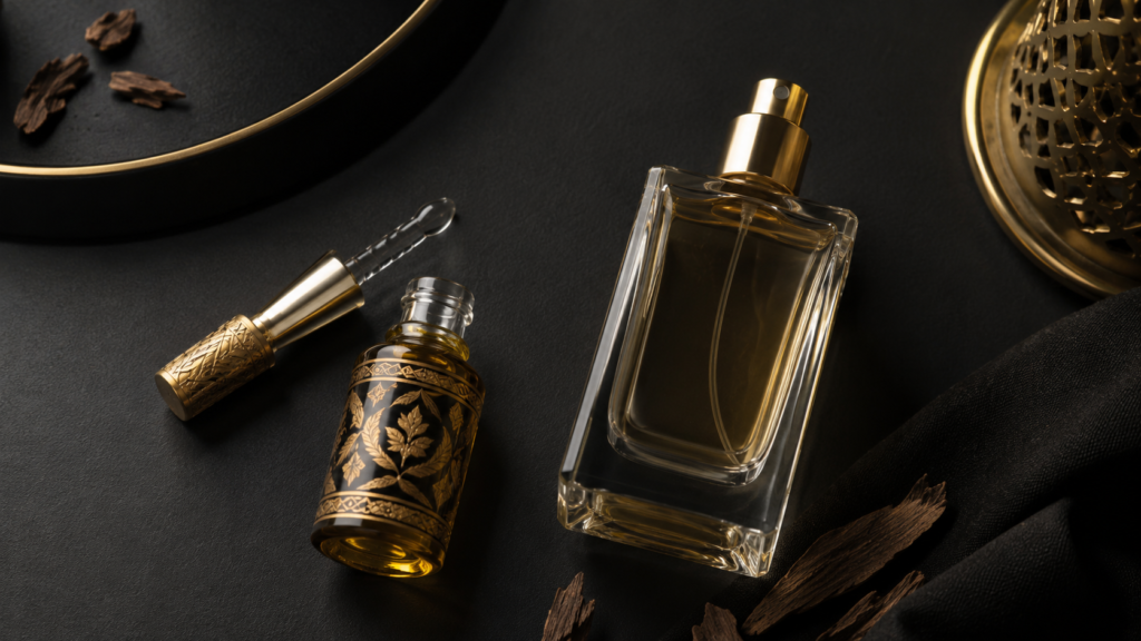 Attar oil bottle next to a perfume spray bottle, layering fragrance guide