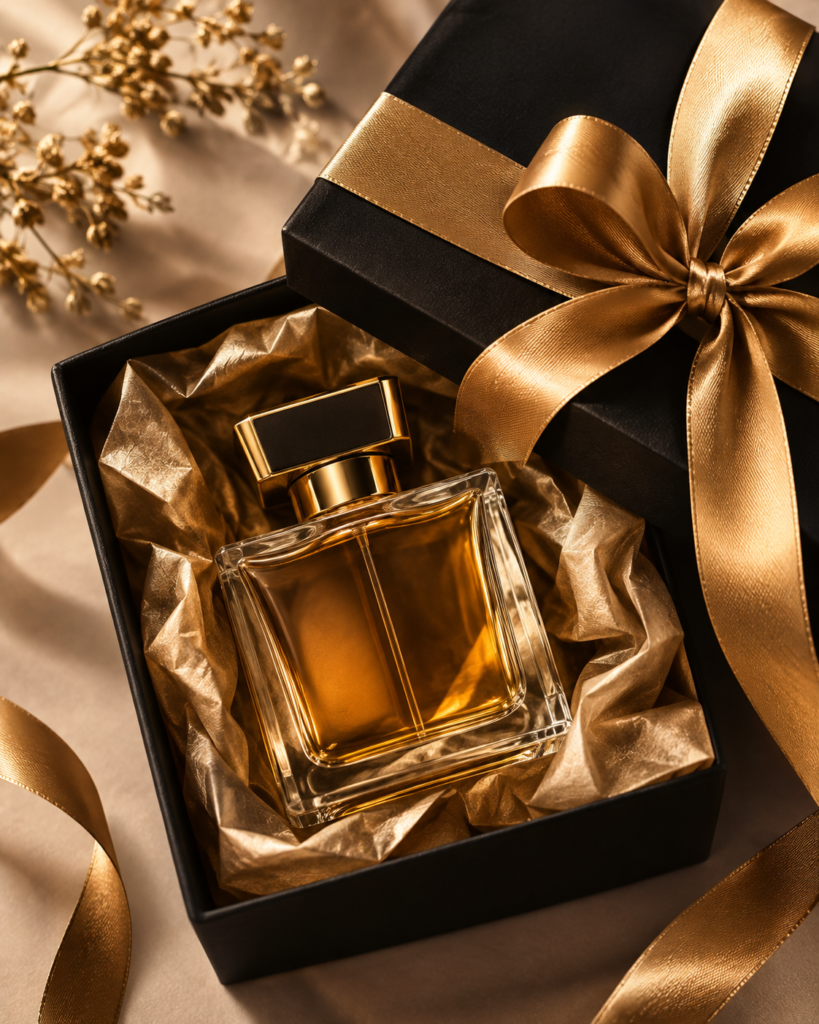 Wrapped perfume gift box with ribbon, gifting guide for uncertain scent choices