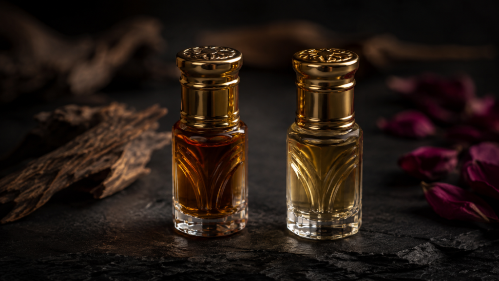 Two attar bottles representing woody and floral note profiles