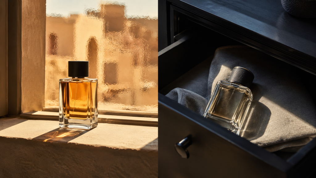 Perfume bottle in sunlight versus cool storage, summer fragrance guide