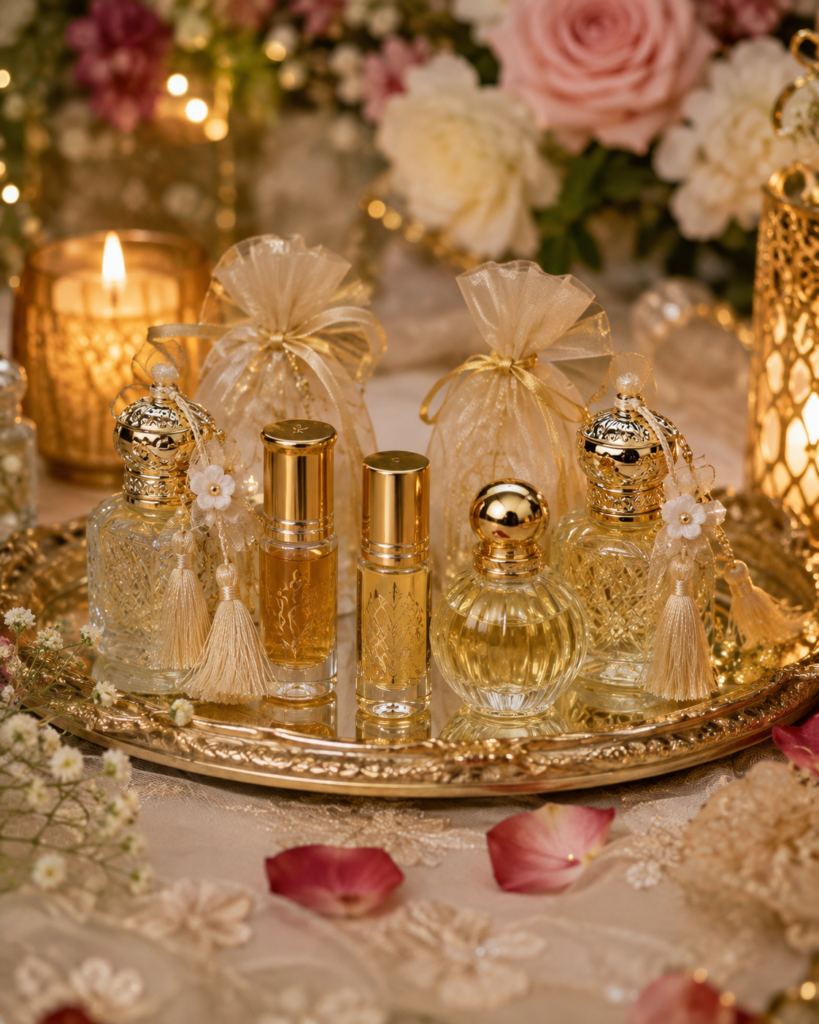 Small attar and perfume bottles styled as wedding favours