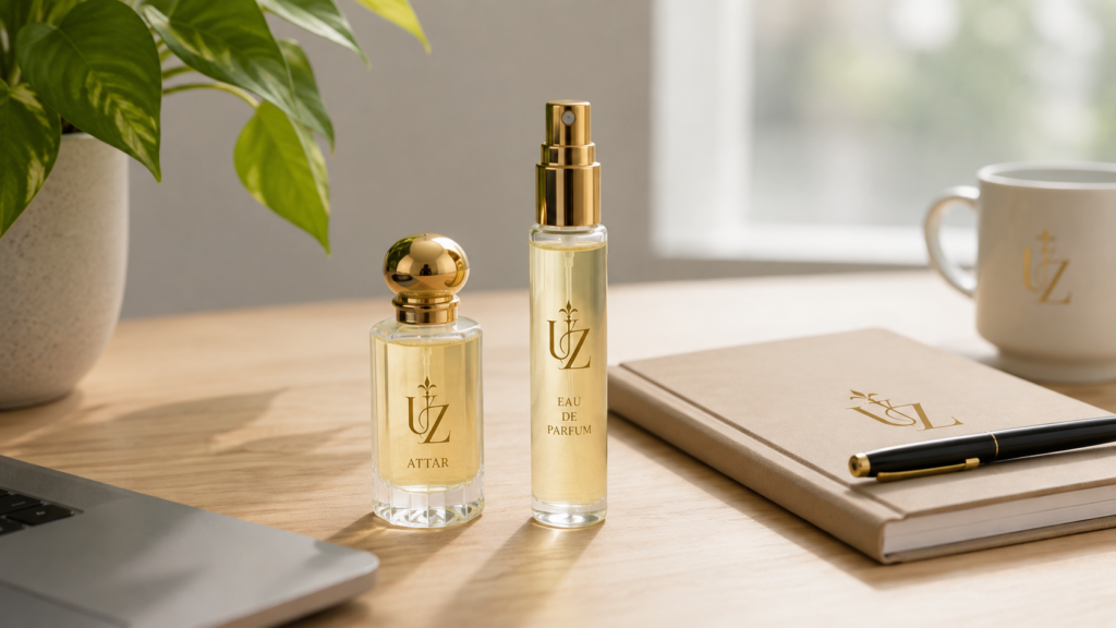 Small attar bottle and perfume spray on a tidy office desk