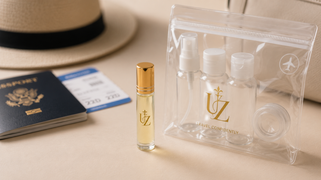 Small attar roll-on bottle beside a clear travel liquids bag