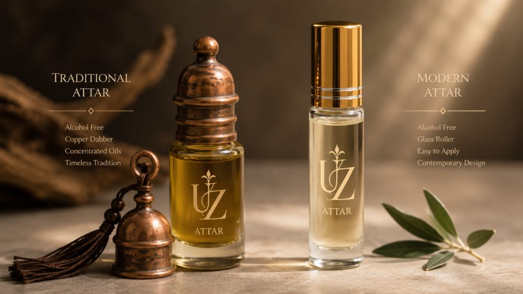 Two attar bottles side by side representing traditional and compounded fragrance oils