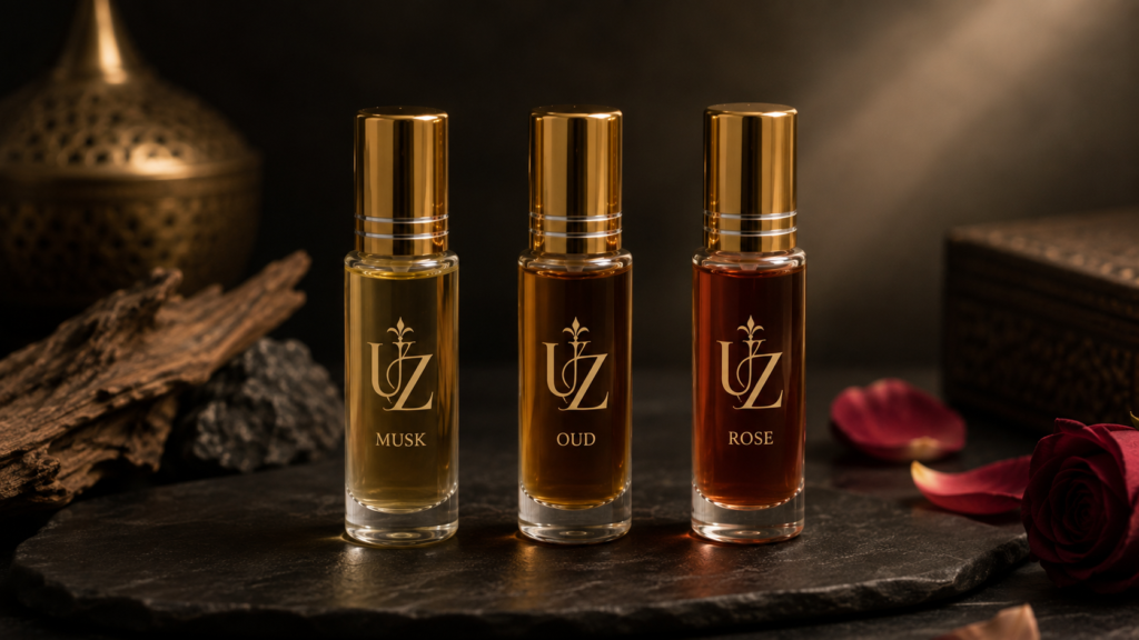 Three small attar bottles representing musk, oud, and rose notes