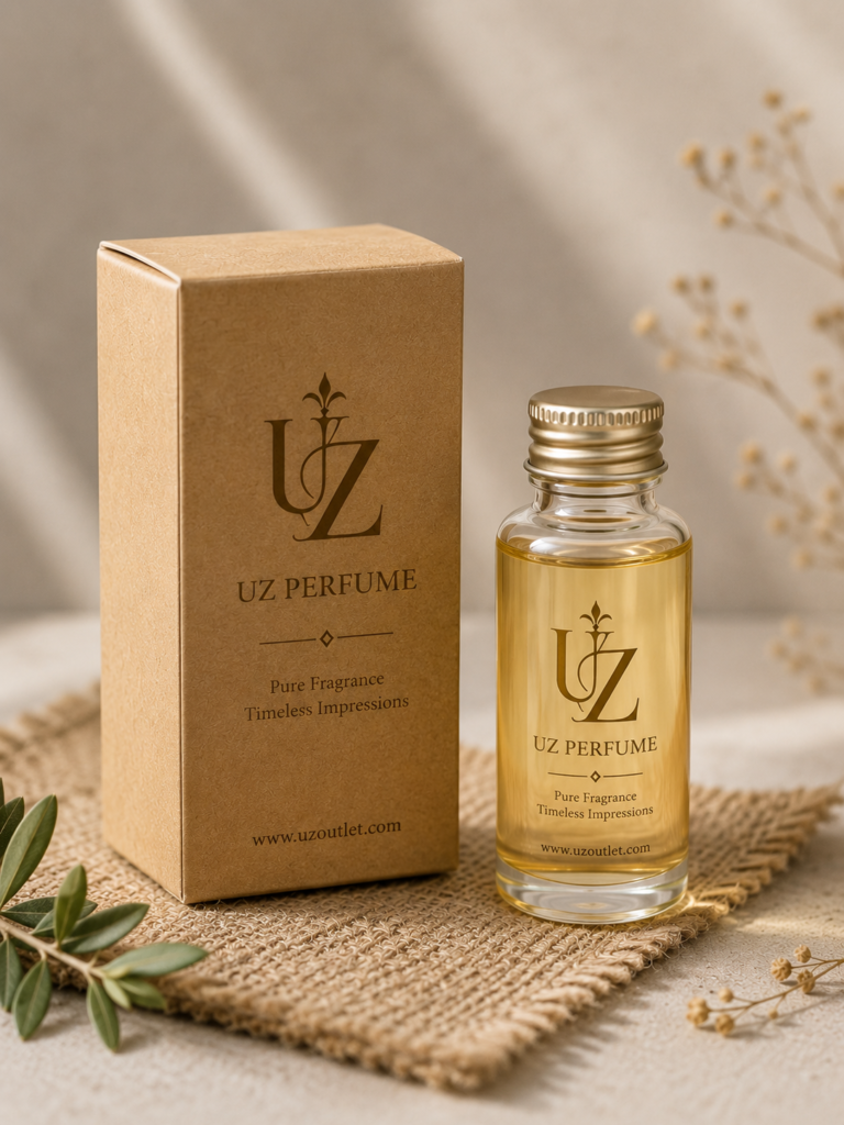 Kraft paper gift box next to a simple glass perfume bottle