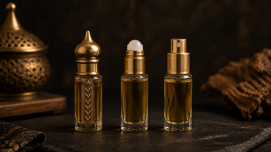 Three fragrance applicator types: dabber, rollerball, and spray bottle