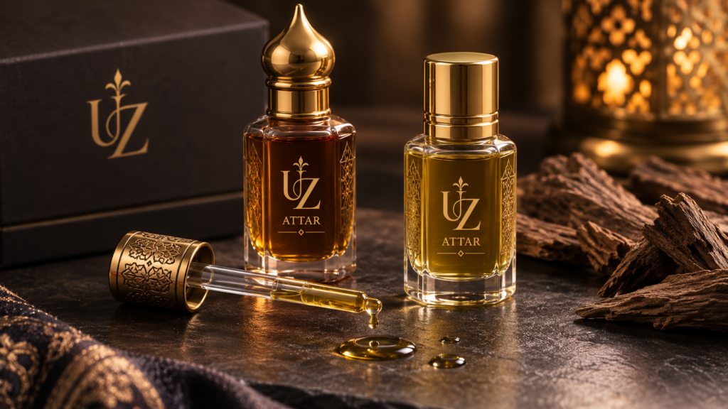 Two attar bottles with a dropper, blending a personal scent