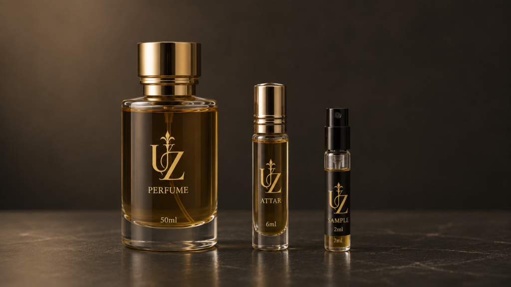 Three small fragrance vials representing tester, decant, and sample formats