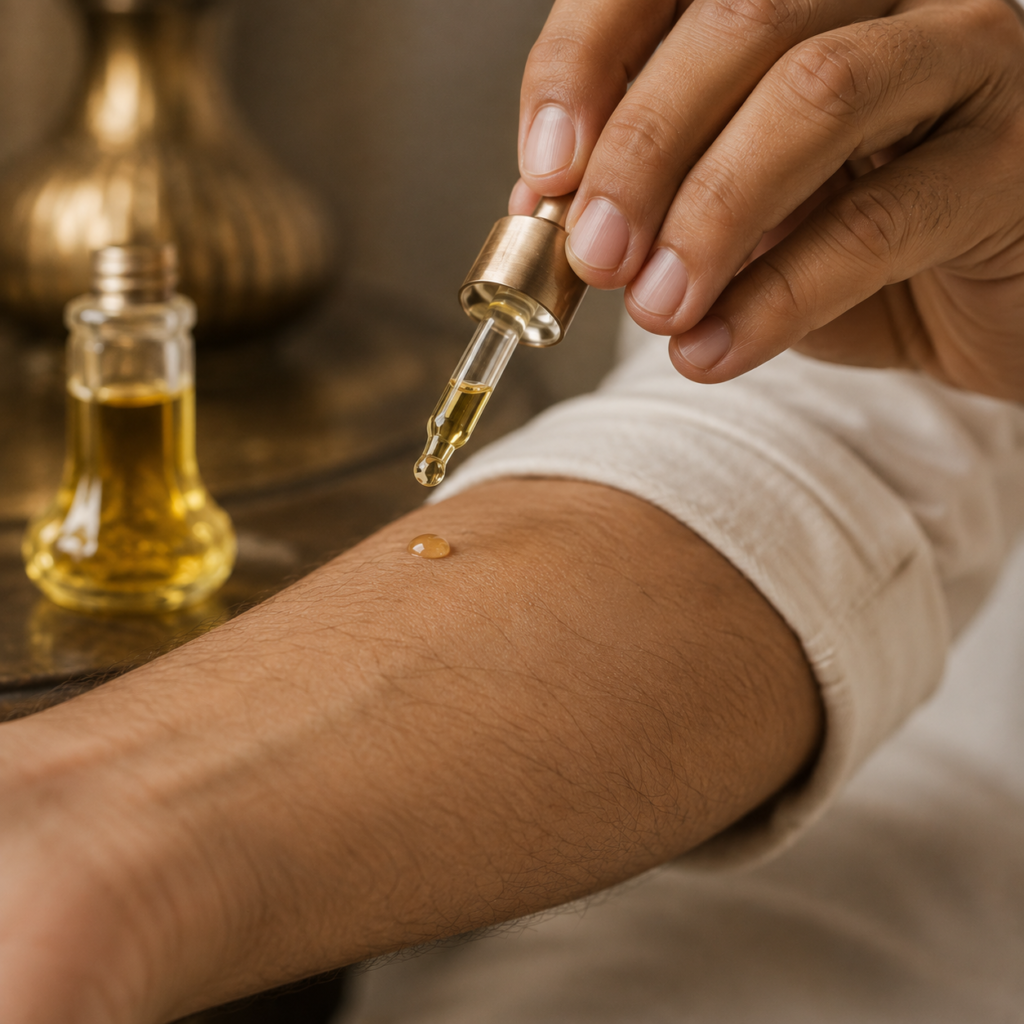 Attar being patch tested on inner forearm skin