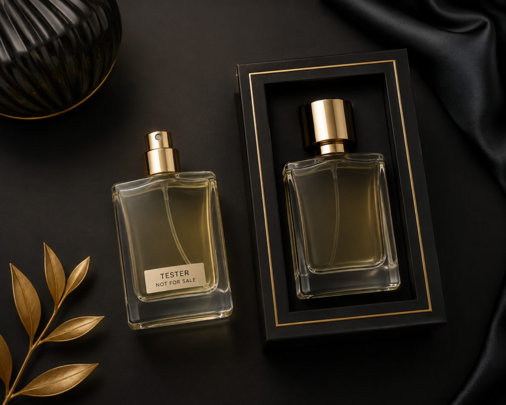 Perfume tester bottle next to boxed retail perfume, comparing packaging