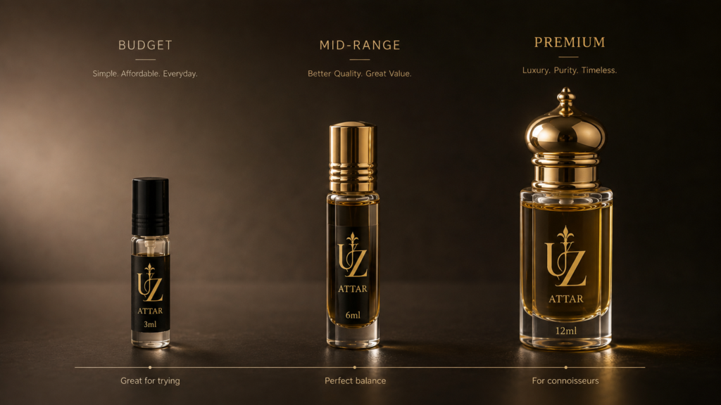 Three attar bottles representing budget, mid-range, and premium price tiers