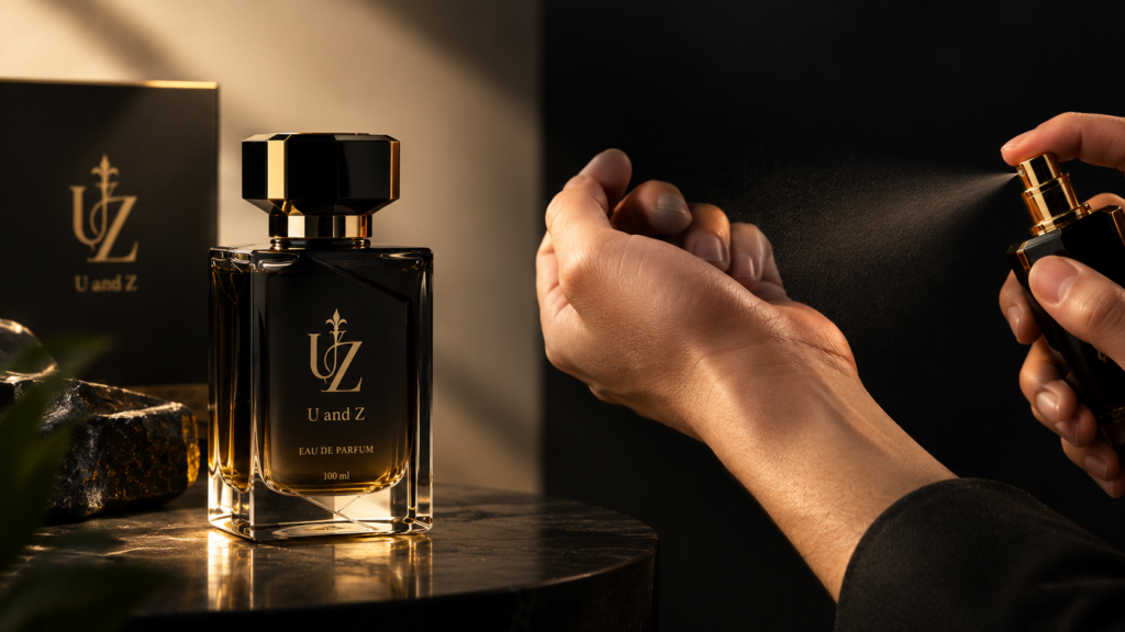 Perfume bottle beside a wrist showing scent testing