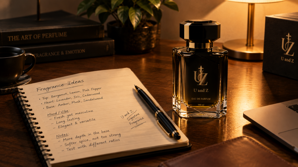 Person writing a detailed fragrance review with a perfume bottle nearby