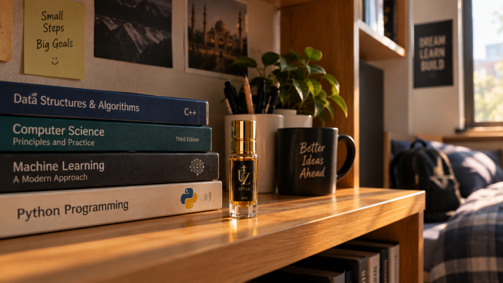 Small attar bottle on a hostel room shelf beside books