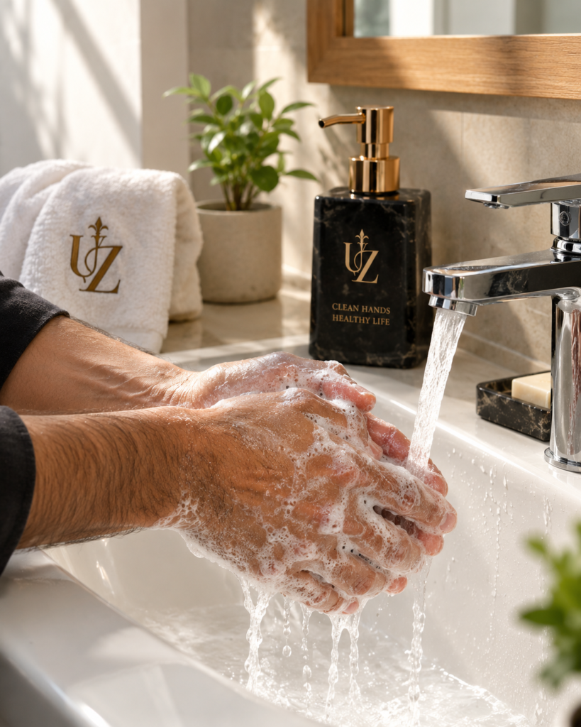 Washing hands with soap to remove excess attar oil