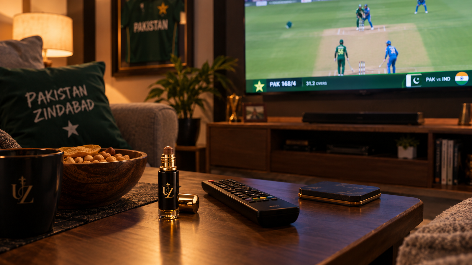 Small attar bottle beside cricket match viewing setup