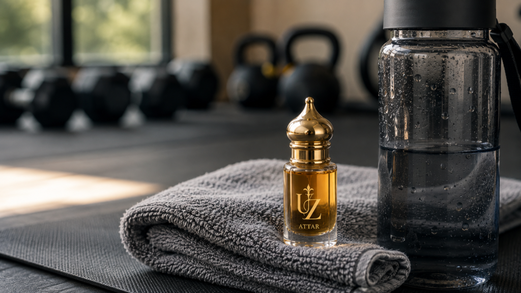 Small attar bottle beside gym gear, workout fragrance guide