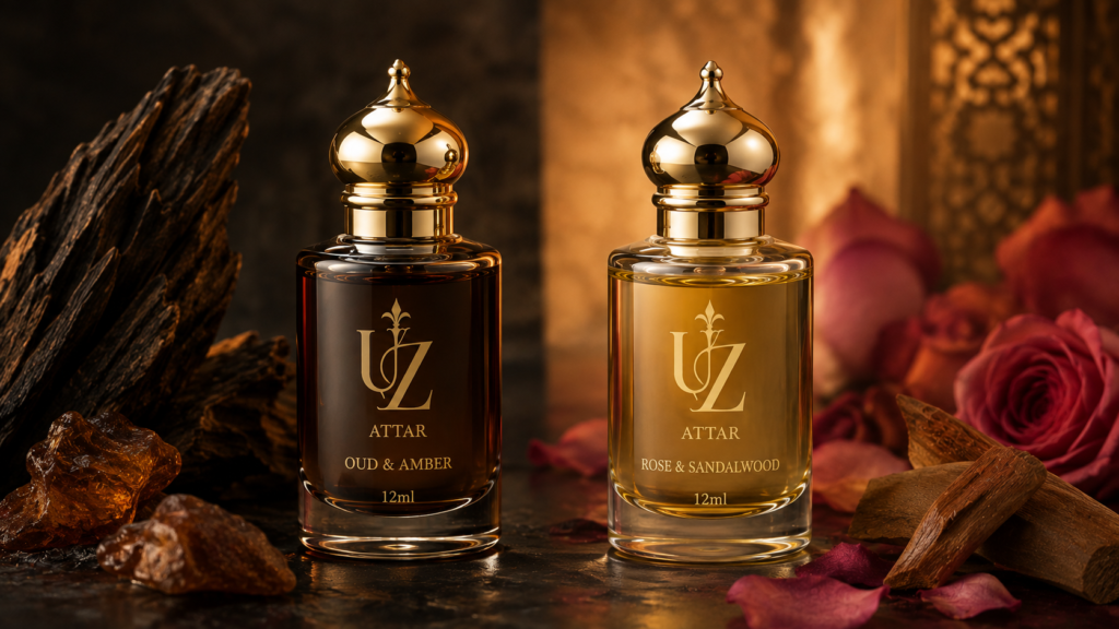 Two attar bottles representing Middle Eastern and South Asian styles