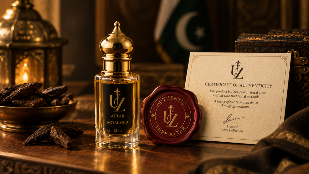 Attar bottle with a certification seal representing GI authenticity