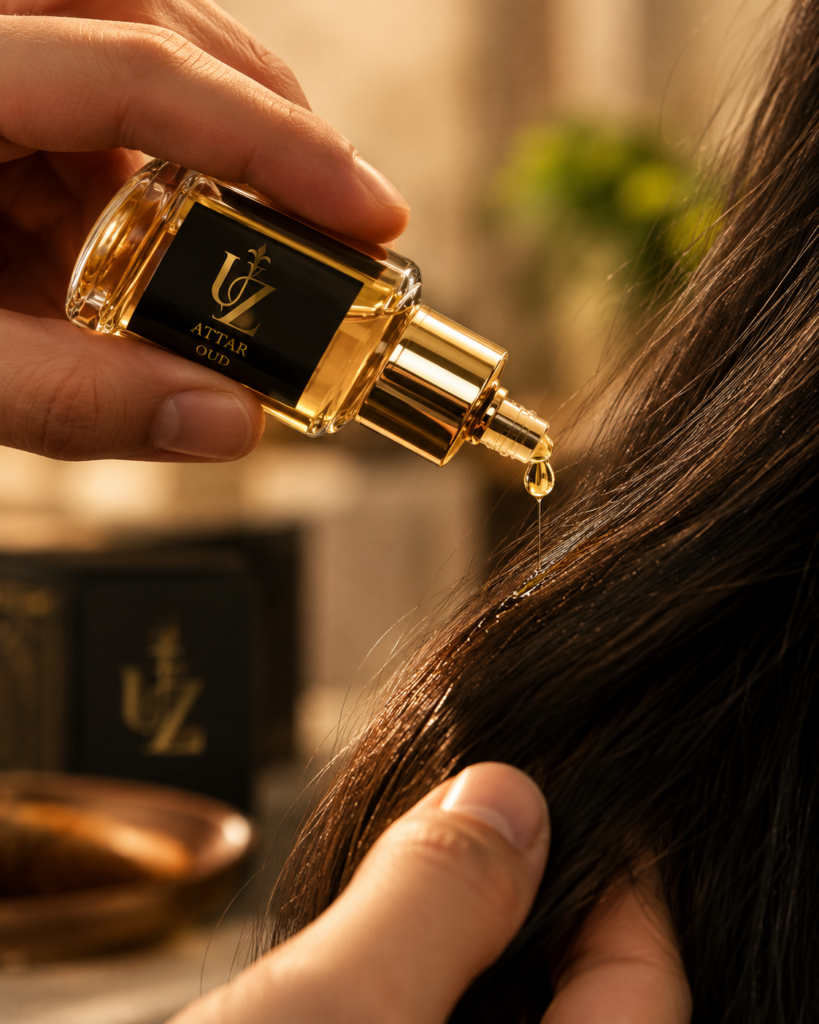 Attar oil applied to hair ends, not scalp
