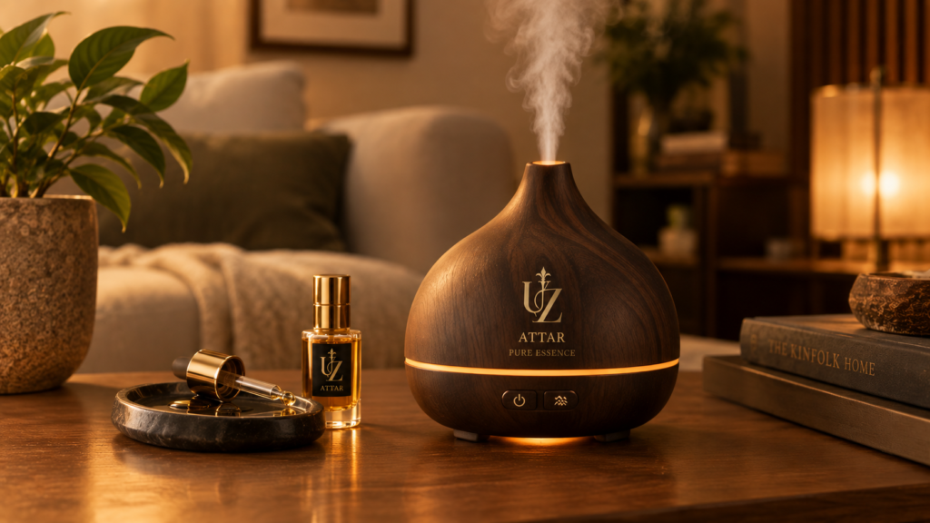 Attar oil drops added to a home diffuser